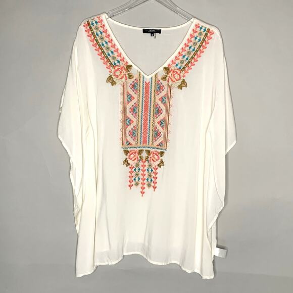Andree S Womens Embroidered Oversize Tunic Top White Relaxed Boho - Picture 1 of 8